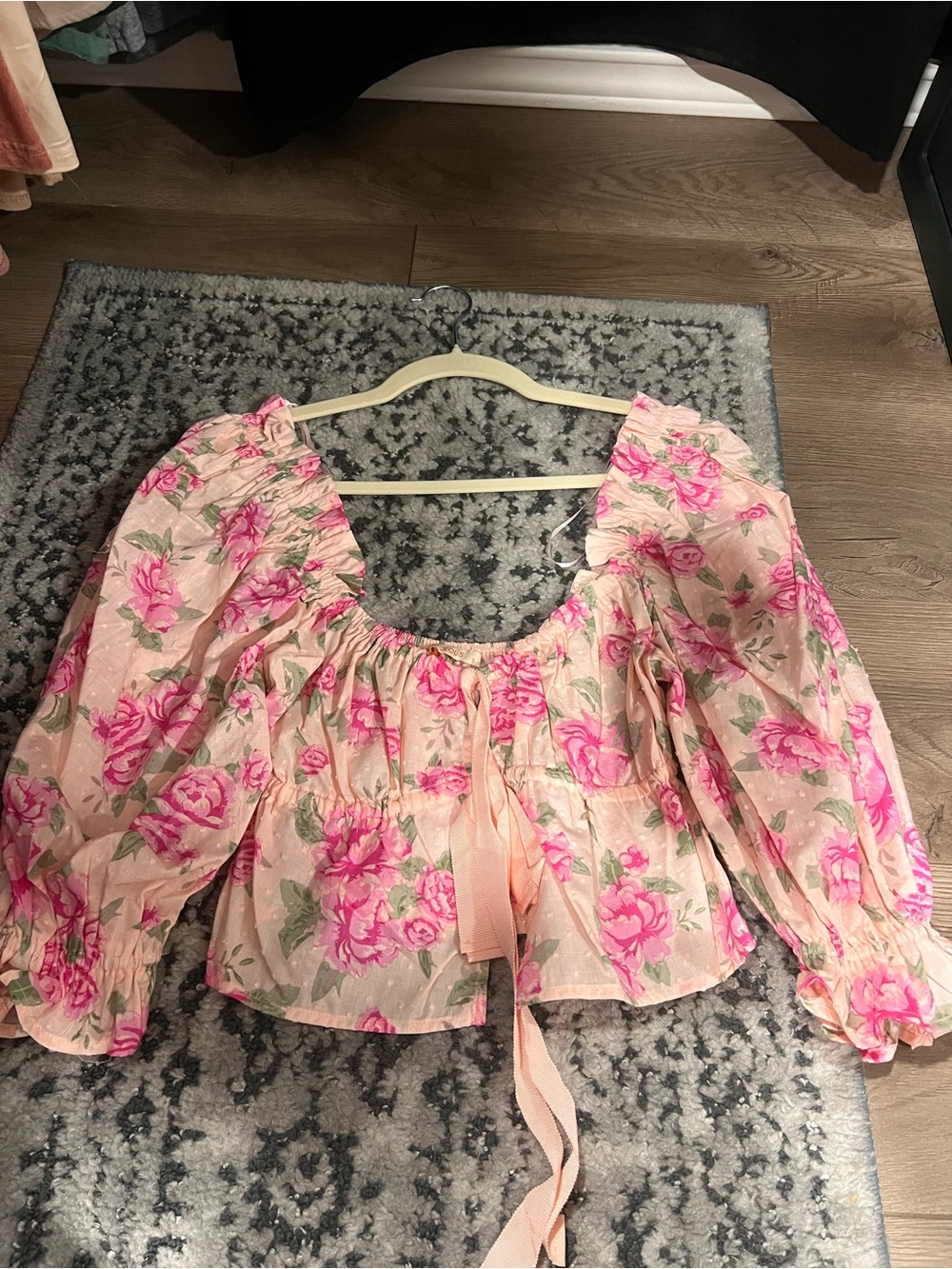Olivaceous Pink Floral Peasant Tie-Front Blouse